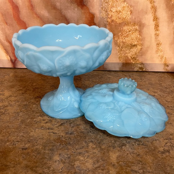 Fenton Water Lily Milk Glass, Blue Satin Custard Pedestal Candy Dish - Picture 3 of 15